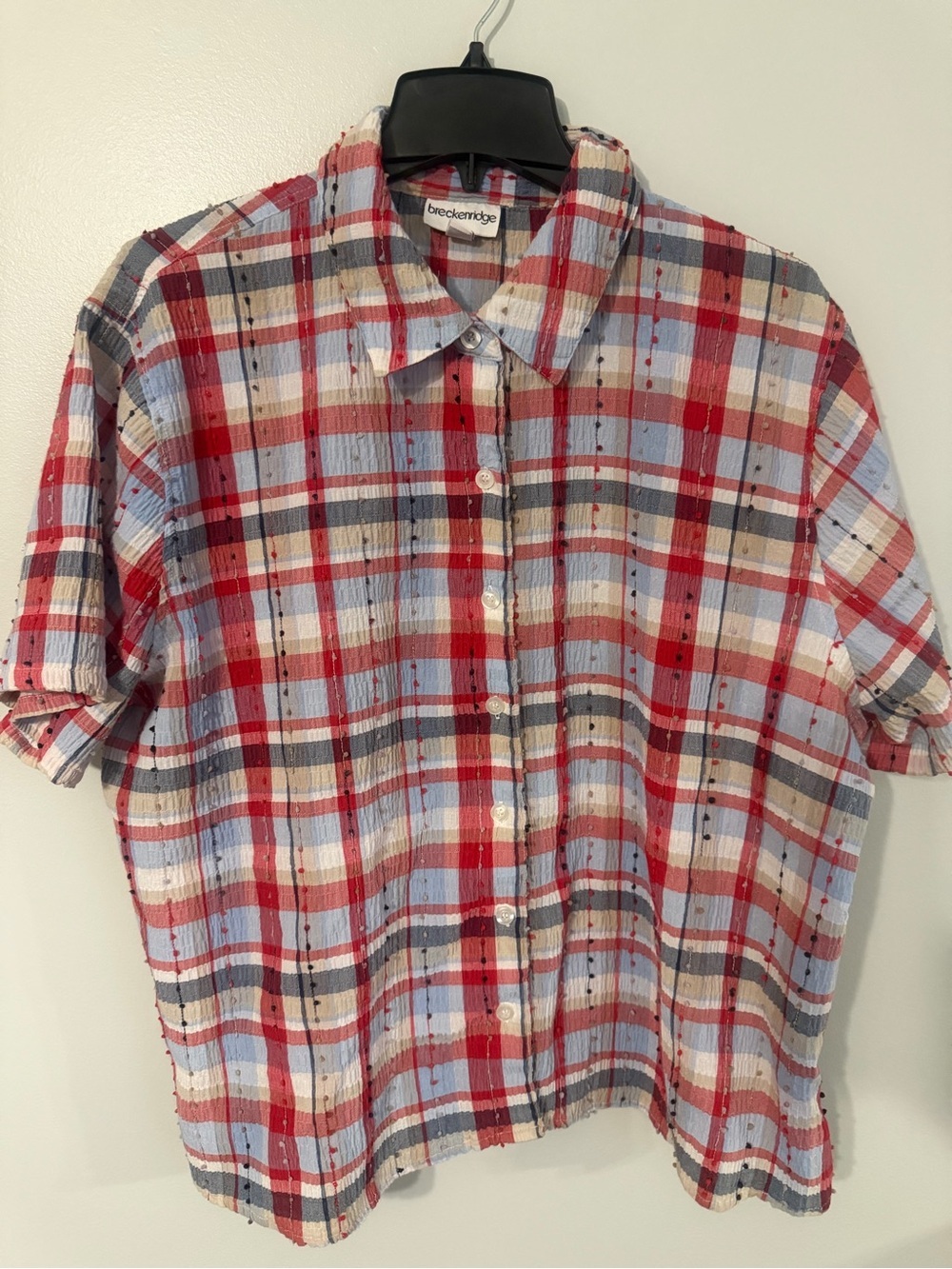 breckenridge Plaid Short-Sleeve Pom Pom Button-Down in Red, Blue & White XL
